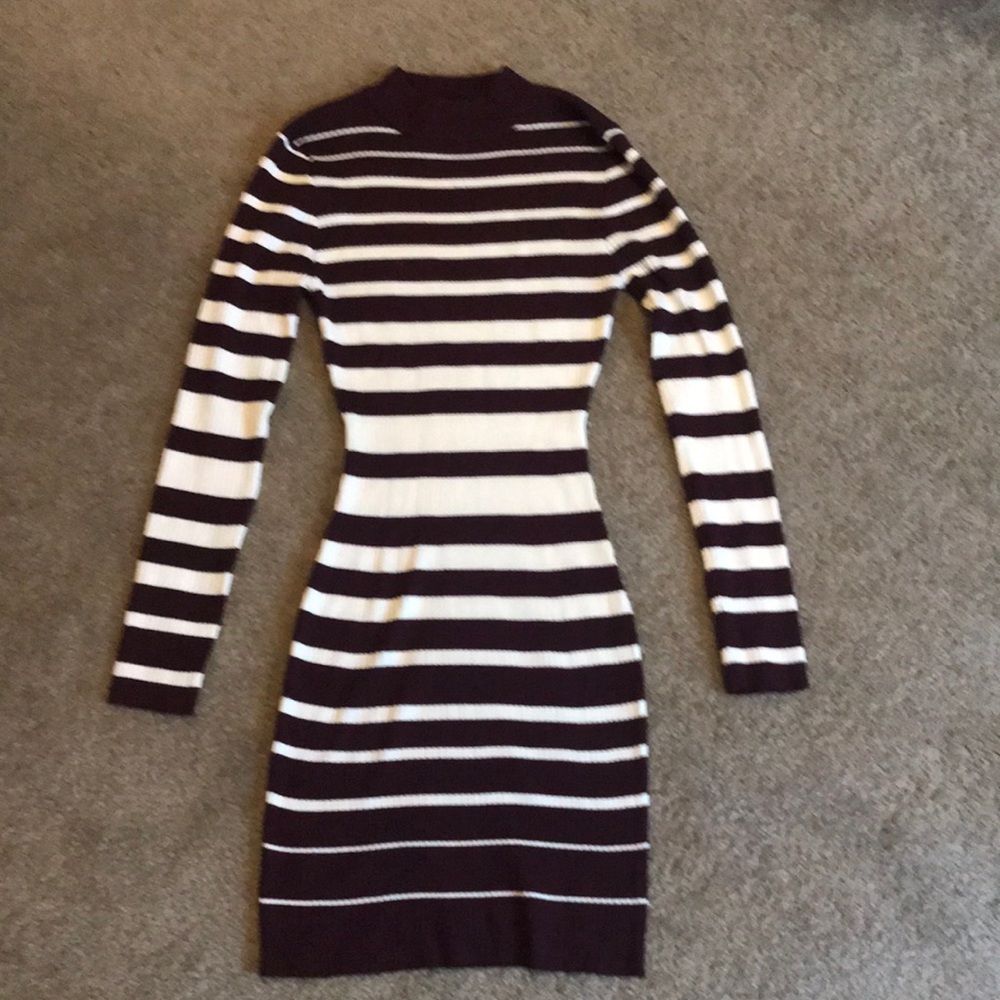 maroon and white striped fitted dress